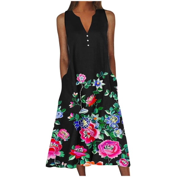 BangWanChi Boho Dresses for Women 2026 New Women's V-neck Button Button Sleeveless Printed Long Dress
