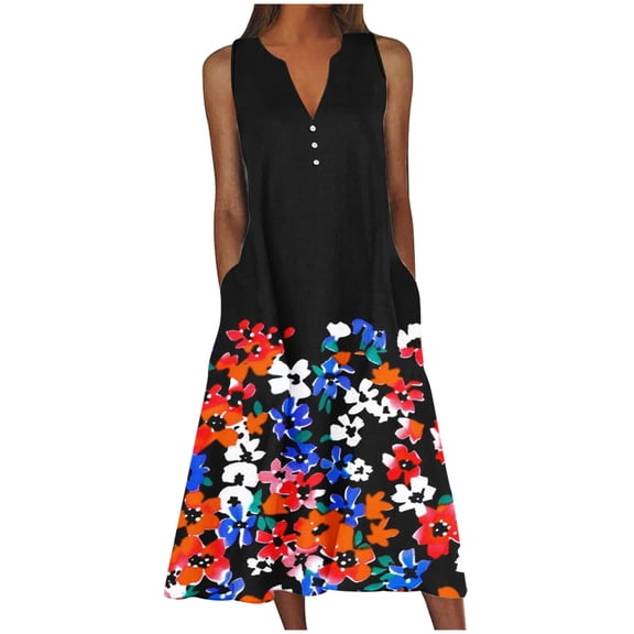 BangWanChi Boho Dresses for Women 2026 New Women's V-neck Button Button Sleeveless Printed Long Dress