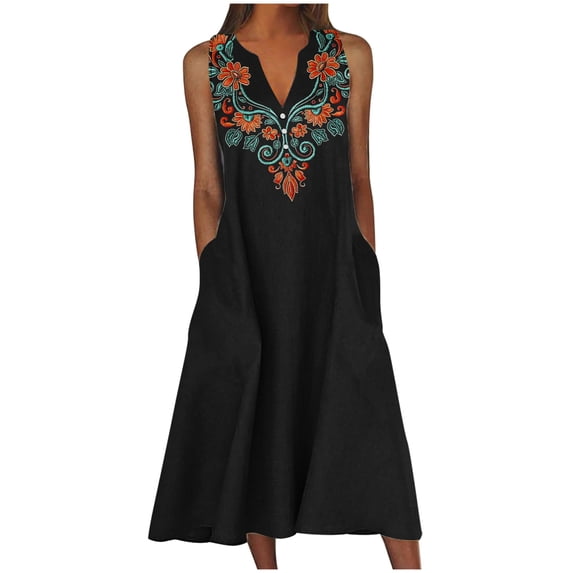 BangWanChi Boho Dresses for Women 2026 New Women's V-neck Button Button Sleeveless Printed Long Dress