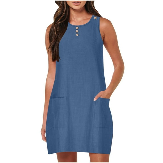 BangWanChi Boho Dresses for Women Clearance Women's Fashion Casual Holiday Summer Round Neck Pockets Solid Color Sleeveless Party Beach Dress