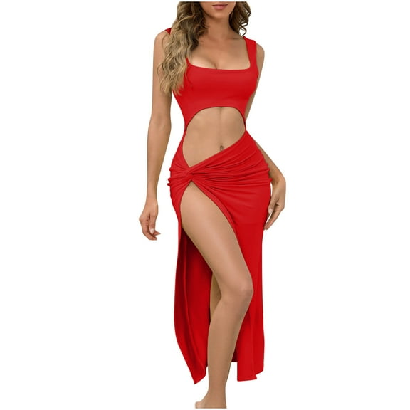 BangWanChi Boho Dresses for Women 2026 Women's Solid Color Suspender Hollowed Out Navel Sexy Dress with Sleeveless Dress