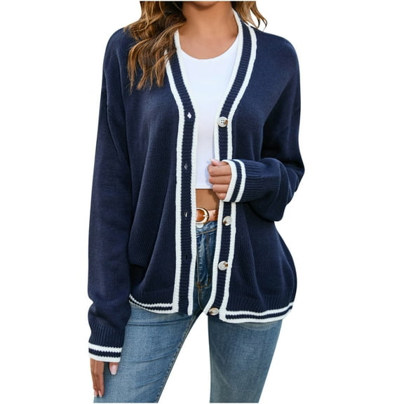 BangWanChi Cardigan Sweaters for Women Lightweight Women's Button Contrasting Knitted Cardigan Jacket V-neck Sweater Long Sleeved Hooded Casual Jacket/jacket