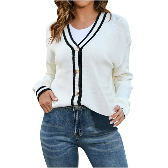 BangWanChi Cardigan Sweaters for Women Lightweight Women's Button Contrasting Knitted Cardigan Jacket V-neck Sweater Long Sleeved Hooded Casual Jacket/jacket