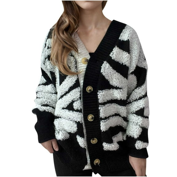 BangWanChi Cardigan Sweaters for Women Trendy Women's Contrasting Button Long Sleeved Knitted Cardigan Jacket