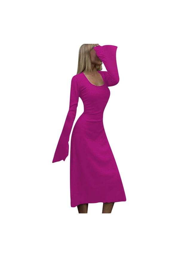 Casual Dress for Women Fall Fashion Women Spring Sexy Casual Round-Neck Solid Long Leeve Dress Hot Pink L