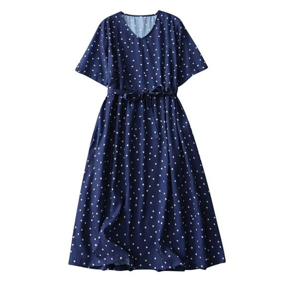 BangWanChi Casual Dresses for Women Cotton and Linen V-neck Short Sleeve Polka Belt Waist Full Skirt Dress Short Sleeve V-neck Mid-calf Dress
