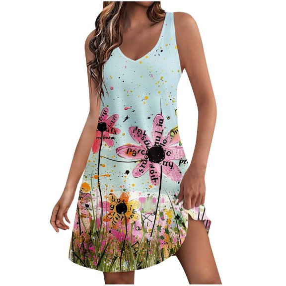 BangWanChi Casual Dresses for Women Women's Casual with Pockets Summer Floral Print Dress V-Neck Mini Dresses