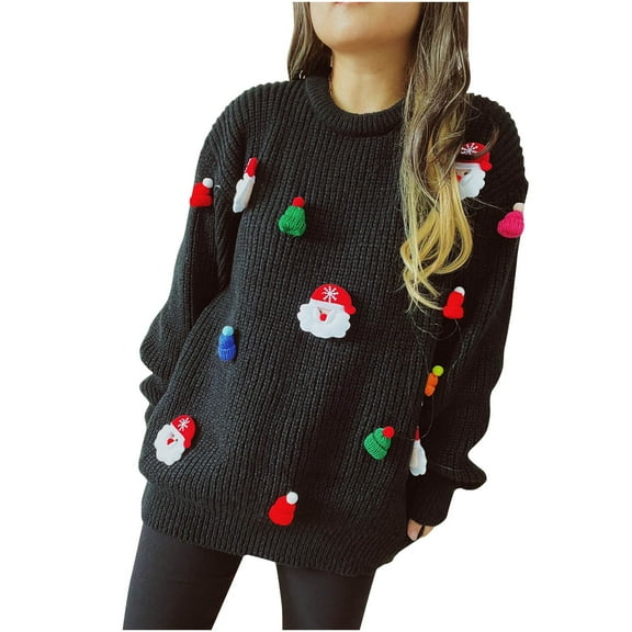 BangWanChi Christmas Sweater for Women 2024 Winter Women's Christmas Printing Splicing Round Neck Long Sleeve Line Sweater Tops