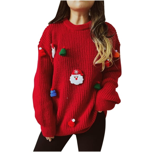 BangWanChi Christmas Sweater for Women 2024 Winter Women's Christmas Printing Splicing Round Neck Long Sleeve Line Sweater Tops