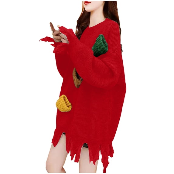 BangWanChi Christmas Sweater for Women 2024 Women Casual Fashion Pullover Long Sleeve Round Neck Knitted Sweater Tops