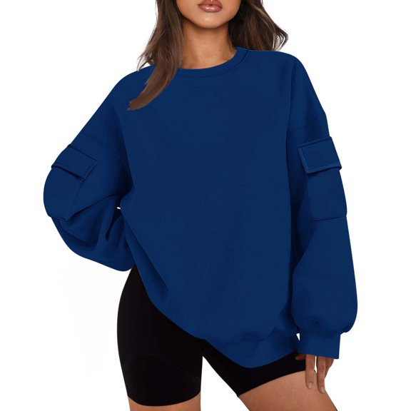 BangWanChi Crewneck Sweatshirts Women Fall Women's Round Neck Solid Color Long Sleeved Pocket Loose Top Sweatshirt