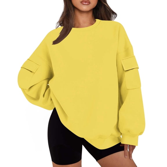 BangWanChi Crewneck Sweatshirts Women Fall Women's Round Neck Solid Color Long Sleeved Pocket Loose Top Sweatshirt