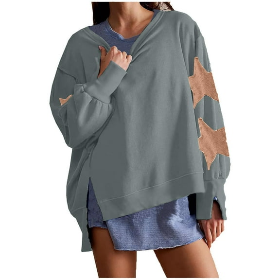 BangWanChi Crewneck Sweatshirts Women Graphic Fashion Women's Fall Star Long Sleeved Side Slit Pullover Sweatshirt Round Neck Loose Tops
