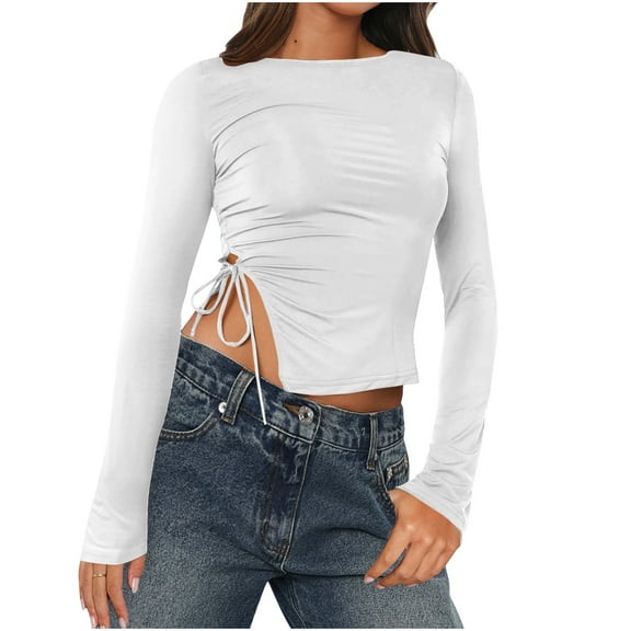 BangWanChi Crewneck Sweatshirts Women with Pockets Women's Solid Color Slit Lace-up Straight Shoulder T-shirt Female Long-sleeved One-shoulder Top/shirt