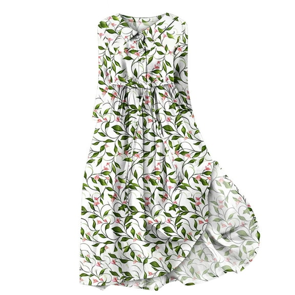 BangWanChi Dresses for Women Casual Summer Womens Summer Dresses Women Casual Temperament Elegant Loose Printed Lace Up Button Pleated 3/4 Sleeves Flip Collar Dress