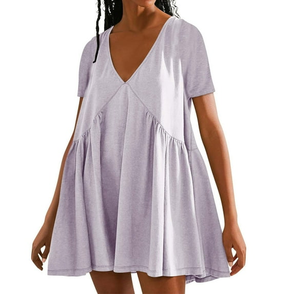 BangWanChi Dresses for Women 2024 Casual Spring Women's Solid Color Summer Short Sleeved Dress
