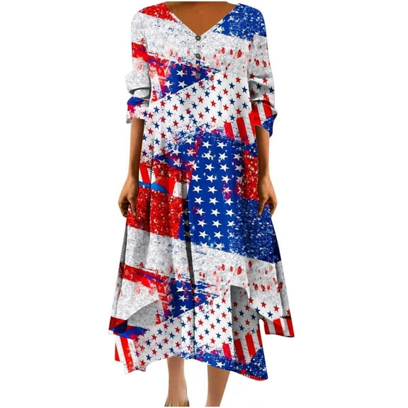 BangWanChi Dresses for Women Plus Size Dress Womens Summer Dresses Women Casual Loose Printed Irregular Buttoned Hem V-Neck 3/4 Sleeve Dresses