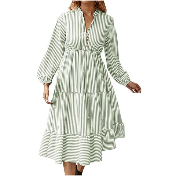 BangWanChi Fall Dresses for Women 2024 Casual Ladies Striped Commuting Casual Long Sleeved Elastic Waistband V-neck Dress