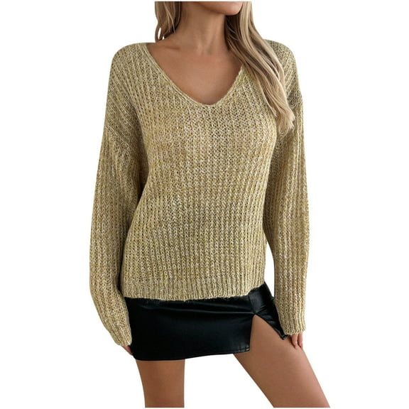 BangWanChi Fall Sweaters For Women 2024 Trendy Women's Round Neck Loose Sweater European And New Knitted Long Sleeved Sweater V-neck Sweater