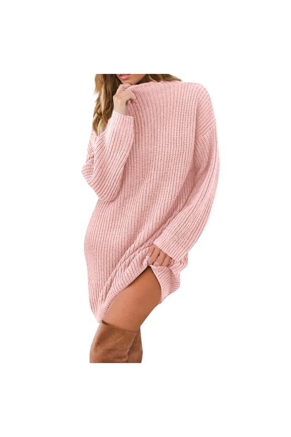 Fall Sweaters for Women 2024 Boho Women's Solid Color Knitted Long Sleeved Semi High Neck Loose Casual Dress