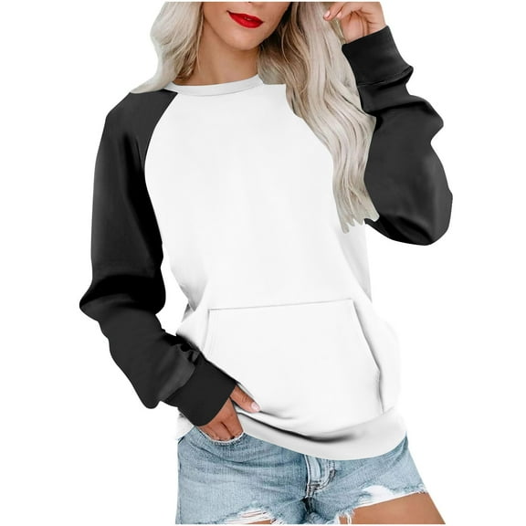 BangWanChi Fall Sweatshirts for Women 2024 Graphic Womens Casual Loose Pocket Splicing Long Sleeved Round Neck Tops