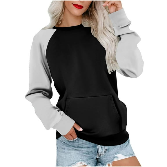 BangWanChi Fall Sweatshirts for Women 2024 Graphic Womens Casual Loose Pocket Splicing Long Sleeved Round Neck Tops