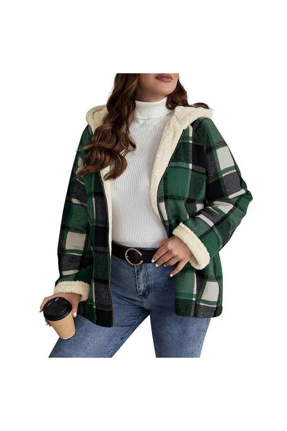 Fashion Women Oversized Zip Jackets Solid Casual Plaid Coat Long Sleeve Hooded Casual Outwear Jackets Pockets Tops Army Green M