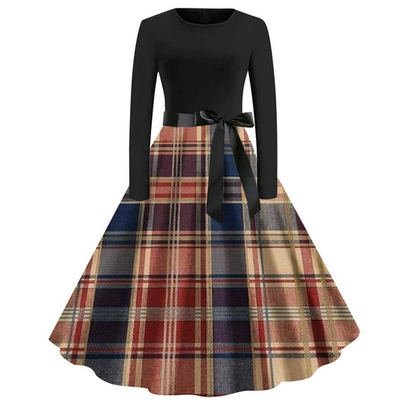 BangWanChi Formal Dresses for Women Plus Size Dress Casual Dresses for Women Women's Fashion Casual Long Sleeve Round-Neck Knee-High Checker Printing Dress