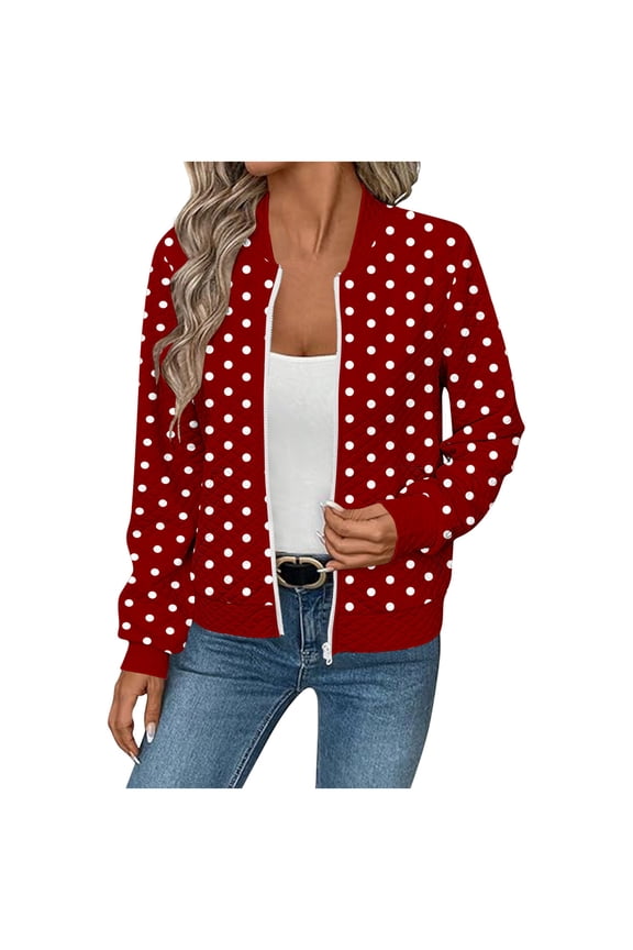 Hoodless Casual Jacket for Women Winter Fashion Casual Spot Printed Pocket Zipper Long Sleeve Casual Jacket