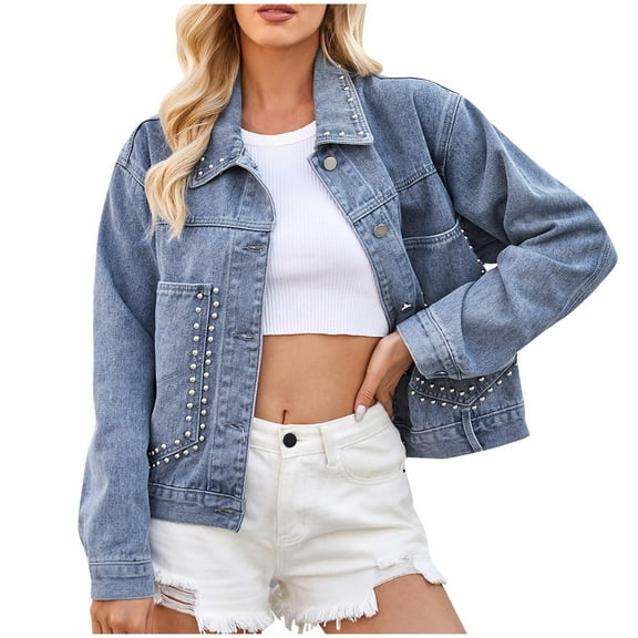 BangWanChi Jean Jacket Women Clearance Women's Fashion Color Lapel Look Slimmer Sleeve Denim Jacket