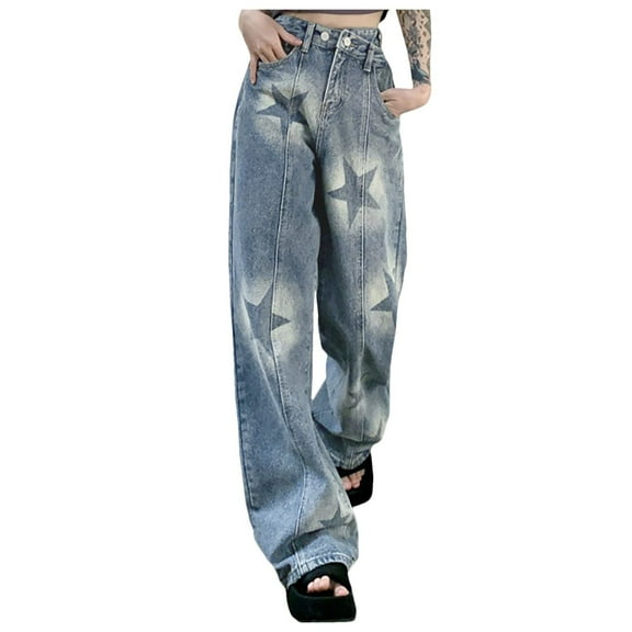 BangWanChi Jeans for Women Ripped Women's High Waistband Star Printed Straight Leg Fashionable Denim Pants