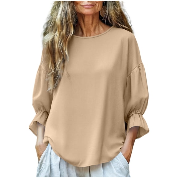 BangWanChi Ladies' Casual Solid Color Loose T-Shirts with Round Neck, 3/4 Trumpet Cuff Sleeves Khaki XL