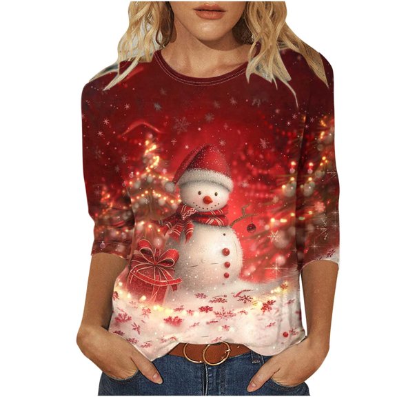BangWanChi Ladies Holiday Round Neck Top 3/4 Sleeve Loose Fit Christmas Casual Pullover Blouse