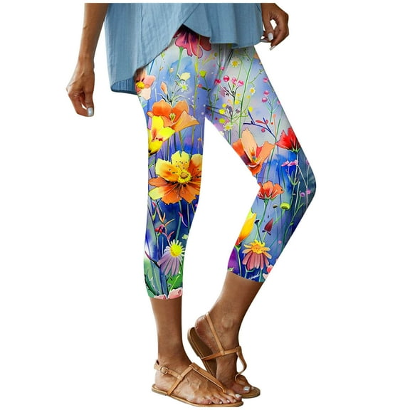 BangWanChi Leggings for Women Women's Fashion Colour Flower Print Leggings with Yoga Sport Elastic Pants