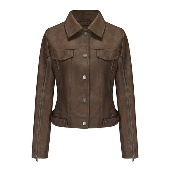 BangWanChi Light Jackets for Women Trendy Women's Slim Leather Stand Collar Zip Motorcycle Suit Belt Coat Jacket Tops