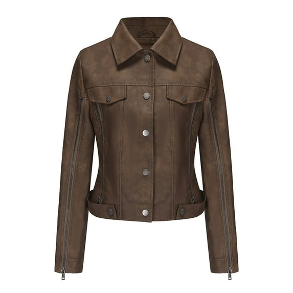 BangWanChi Light Jackets for Women Trendy Women's Slim Leather Stand Collar Zip Motorcycle Suit Belt Coat Jacket Tops