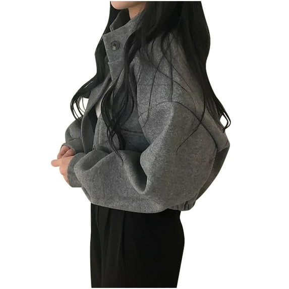 BangWanChi Lightweight Jacket Women No Hood Women's Solid Color Long Sleeved Small Stand Up Collar Short Loose Woolen Jacket