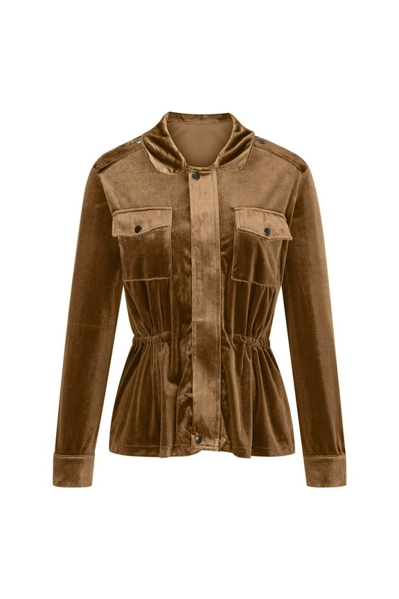 Lightweight Jacket Women with Hood Women's Solid Color Long Sleeved Gold Velvet Waist Cinched Jacket Jacket