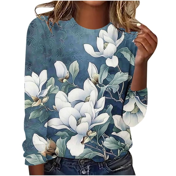 BangWanChi Long SLeeve Shirts for Women Dressy Fashionable Women's Printed Round Neck Pullover Long Sleeved Casual Top