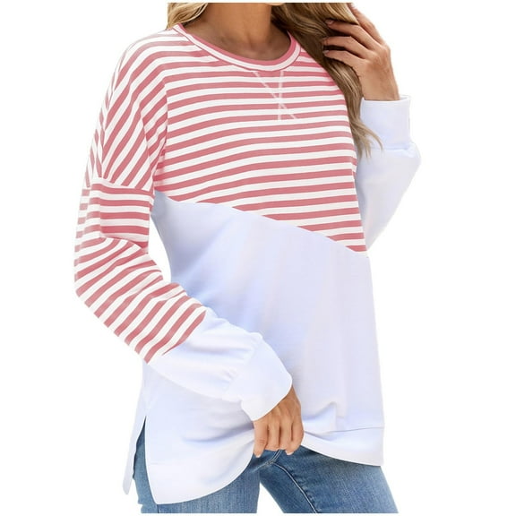 BangWanChi Long SLeeve Shirts for Women Women's Casual Striped Long-Sleeved Crew-Neck Tops