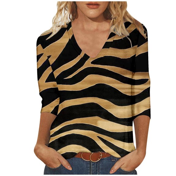 BangWanChi Long Sleeve Blouses for Women Business Casual Fashion Woman Casual V Neck Printing Blouse 3/4 Sleeve T-Shirt Summer Tops