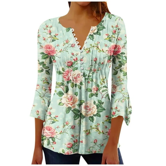 BangWanChi Long Sleeve Blouses for Women Dressy Casual Women Fashion Printed Casual V-Neck Short Sleeve Loose T-Shirt Blouse Tops