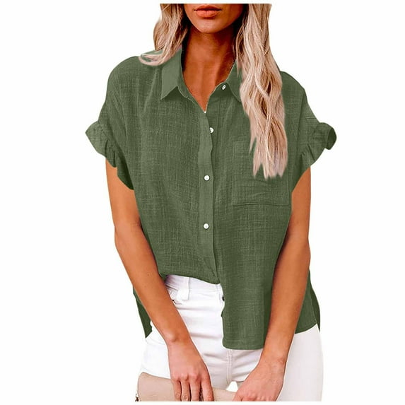 BangWanChi Long Sleeve Blouses for Women Dressy Womens Color Button Shirts V Neck Loose Blouse Short Sleeve Casual Work Tunic Tops With Pocket