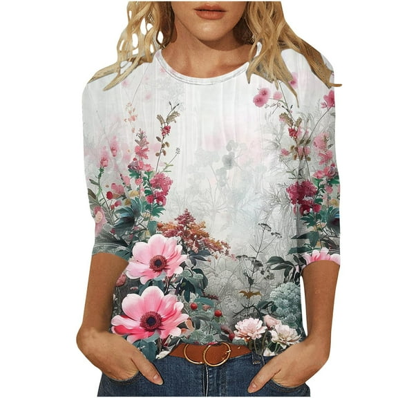 BangWanChi Long Sleeve Blouses for Women Plus Size Women's Fashion Casual Color Block Printing Round Neck 3/4 Sleeve T-shirt Top Blouse