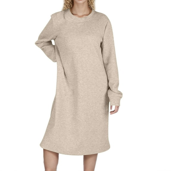 BangWanChi Long Sleeve Dress for Women Fall Women's Solid Color Textured Long Sleeved Round Neck Thick Dress