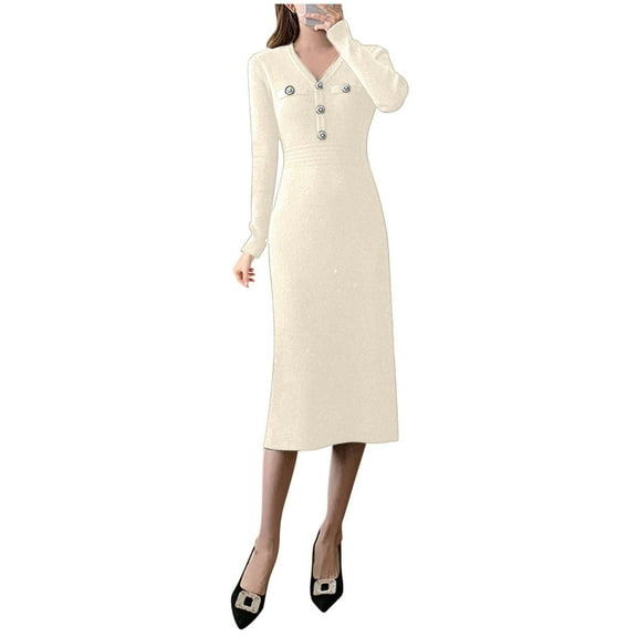 BangWanChi Long Sleeve Dresses for Women Fall Ladies Solid Color Small Knitted V-neck And Winter Temperament Collection Waist Bag Buttocks Base Woolen Dress