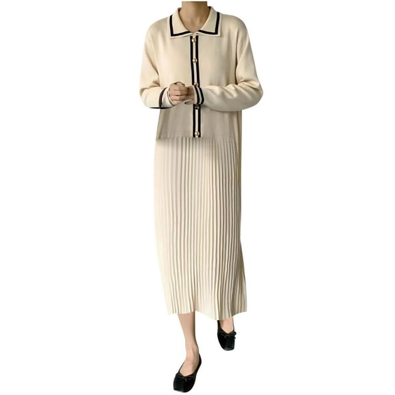 BangWanChi Long Sleeve Dresses for Women Fall Ladies' And Winter Retro Lapel Contrasting Color Button Patchwork Pleated Knit Dress