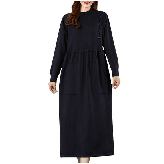 BangWanChi Long Sleeve Dresses for Women Fall Women Solid Color Knitted Sweater Long Over Knee Pocket With Bottom Skirt Dress