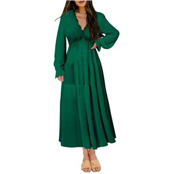 BangWanChi Long Sleeve Dresses for Women Fall Women's Elegant Temperament Elastic Waist Solid Color Long Sleeved V-neck Dress