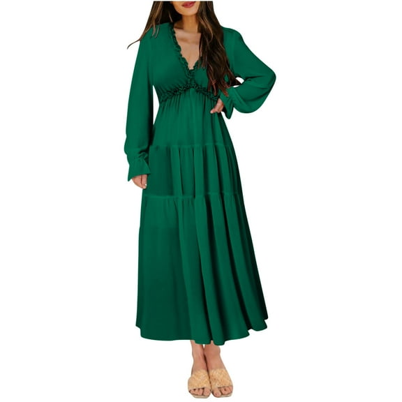 BangWanChi Long Sleeve Dresses for Women Fall Women's Elegant Temperament Elastic Waist Solid Color Long Sleeved V-neck Dress